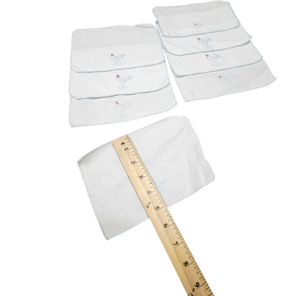 Vintage Country Set of 8 Embroidered Linen Cocktail Napkins‎ White Blue Chicken